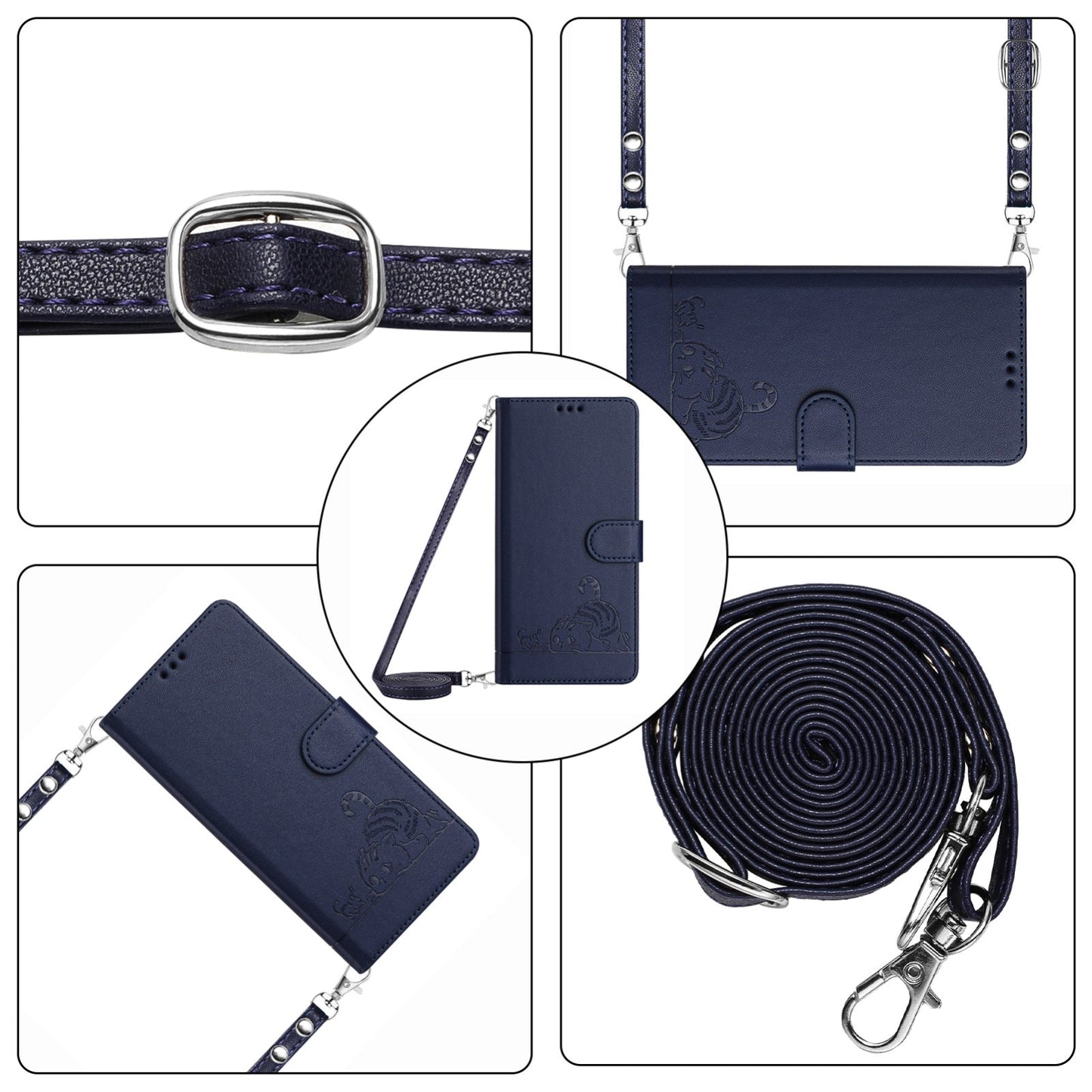 For iPhone 16e Cat Rat Embossed Pattern RFID Leather Phone Case with Lanyard(Blue)