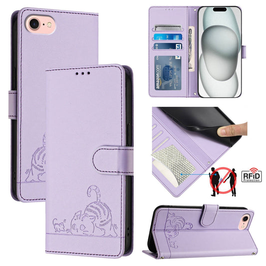 For iPhone 16e Cat Rat Embossed Pattern RFID Leather Phone Case with Lanyard(Purple)