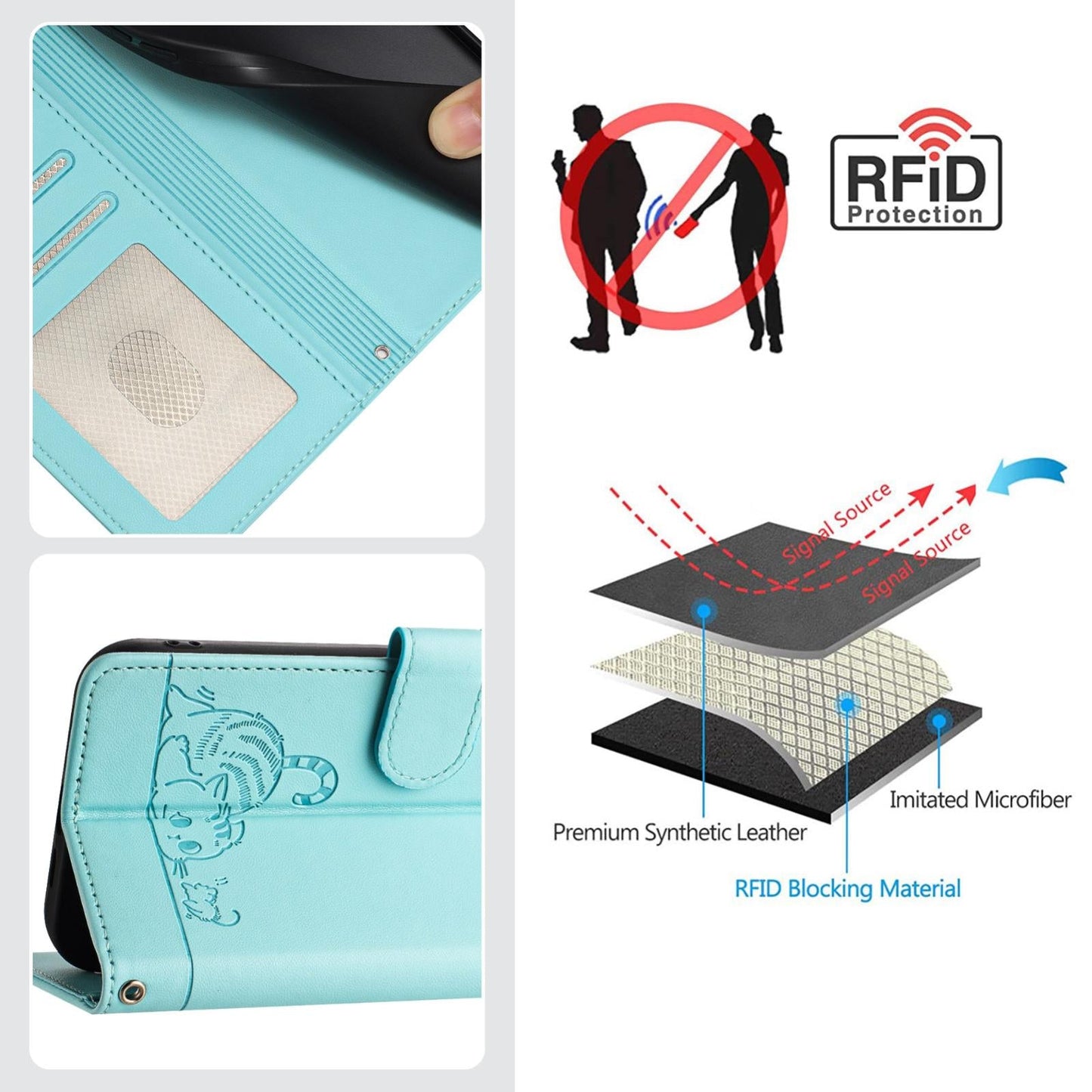 For vivo V50 5G Global Cat Rat Embossed Pattern RFID Leather Phone Case with Lanyard(Mint Green)