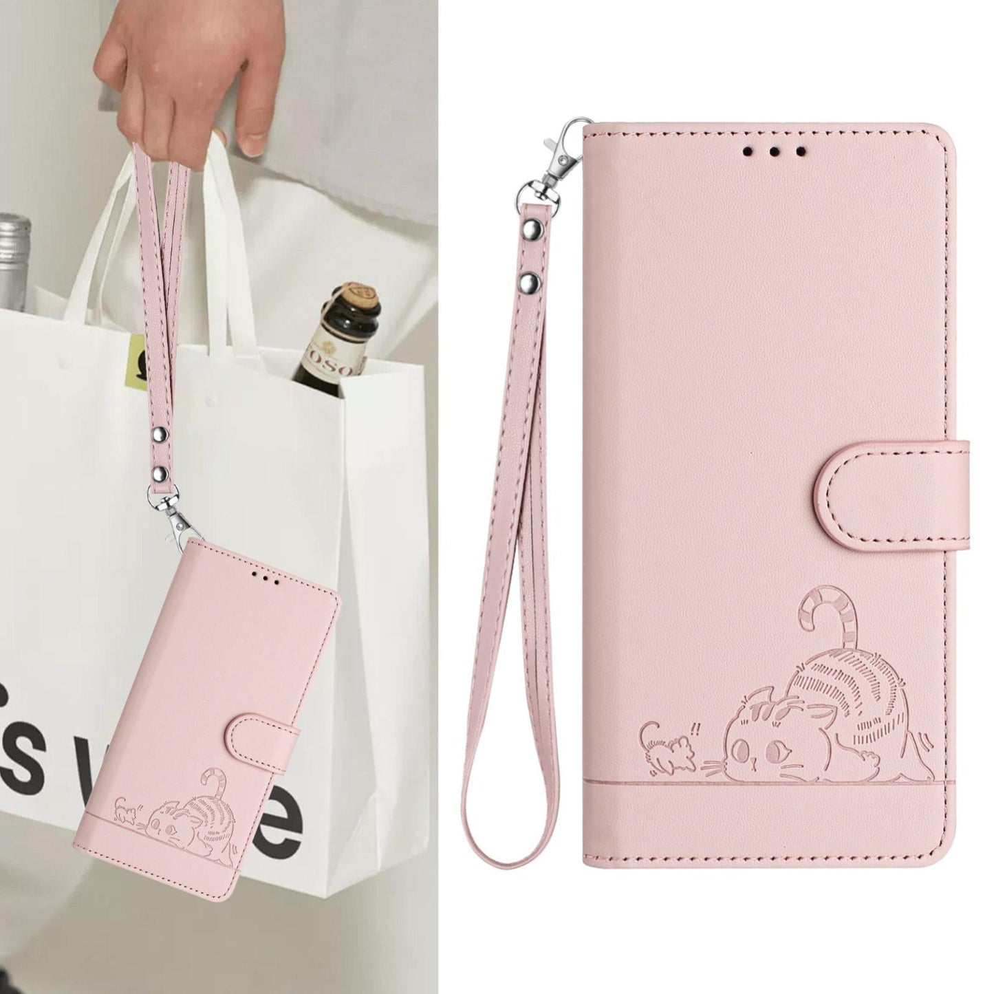 For vivo V50 5G Global Cat Rat Embossed Pattern RFID Leather Phone Case with Lanyard(Pink)