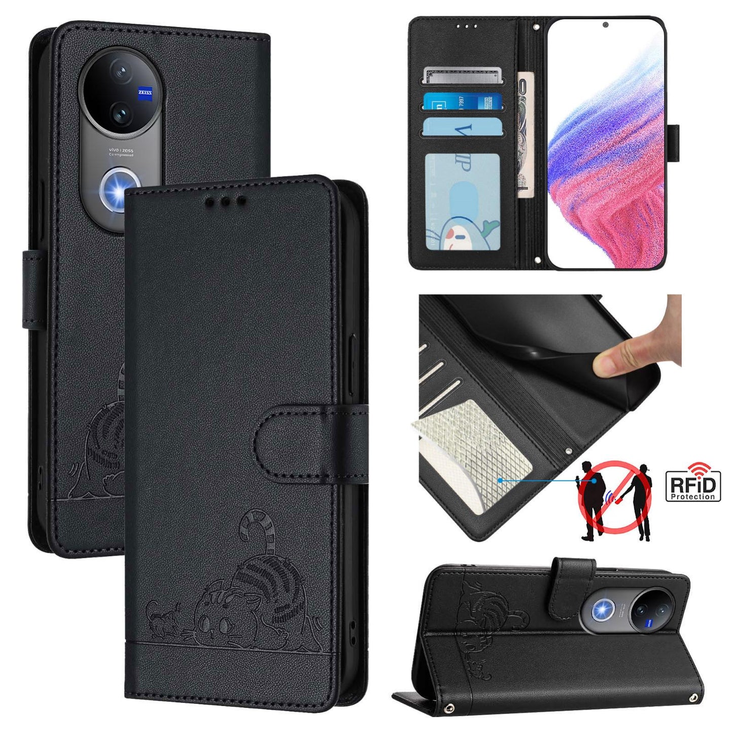 For vivo V50 5G Global Cat Rat Embossed Pattern RFID Leather Phone Case with Lanyard(Black)