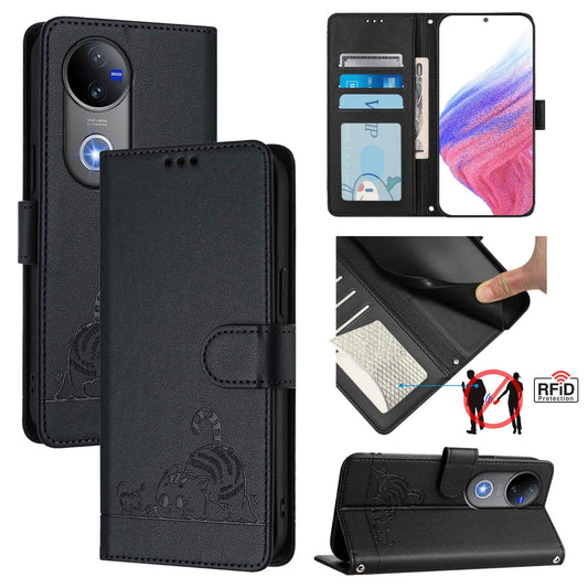 For vivo V50 5G Global Cat Rat Embossed Pattern RFID Leather Phone Case with Lanyard(Black)