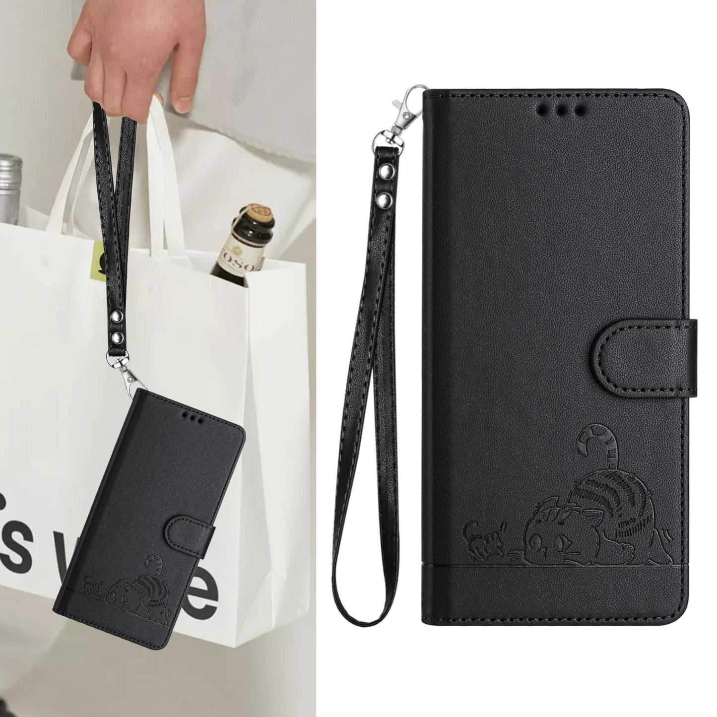 For vivo V50 5G Global Cat Rat Embossed Pattern RFID Leather Phone Case with Lanyard(Black)