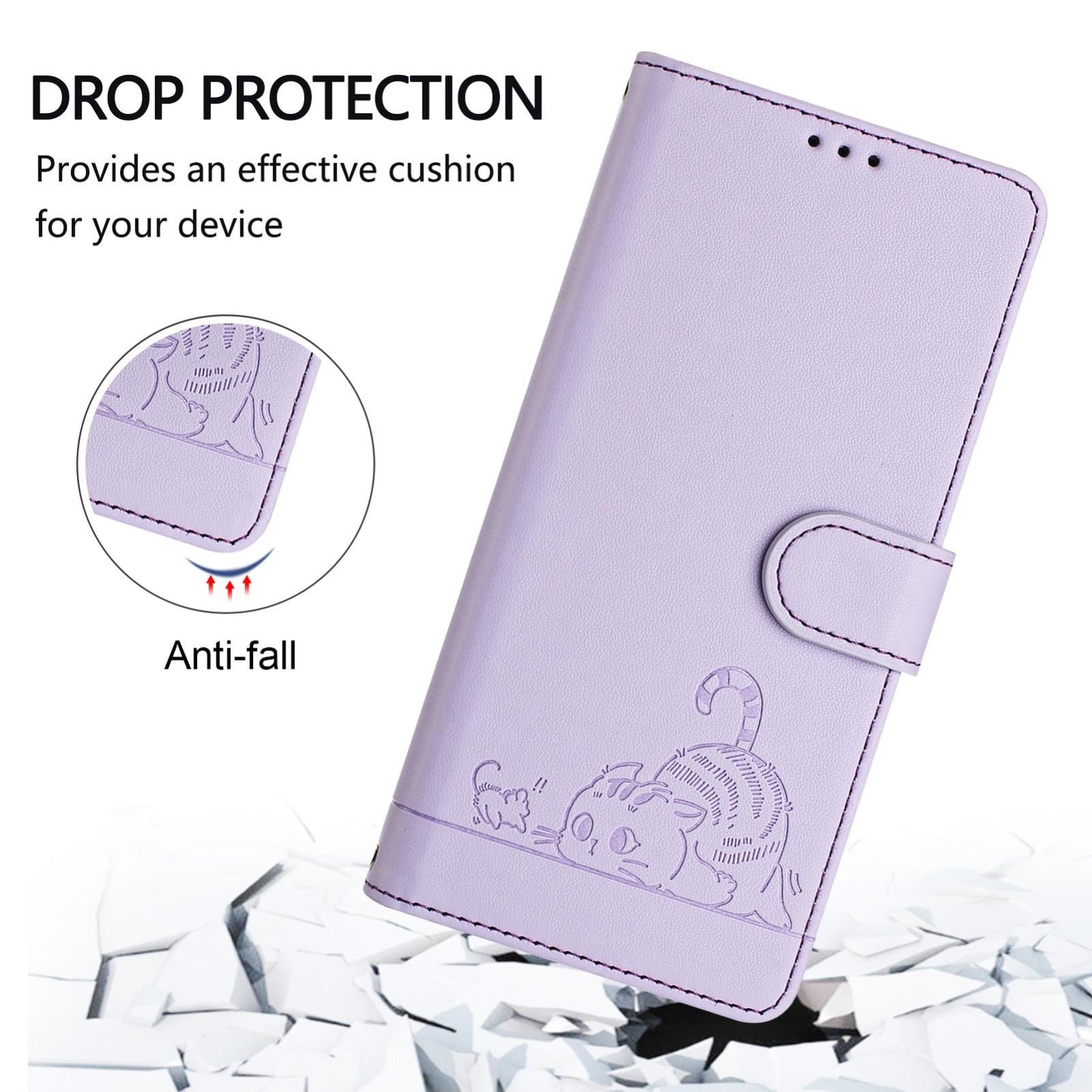 For vivo V50 5G Global Cat Rat Embossed Pattern RFID Leather Phone Case with Lanyard(Purple)