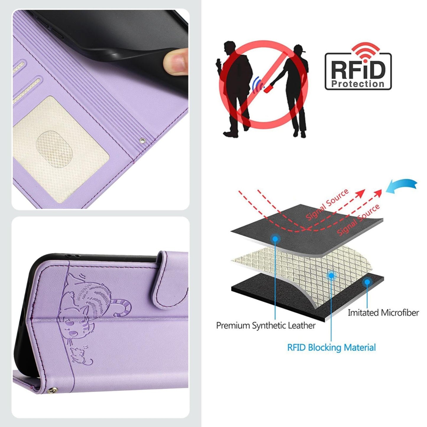 For vivo V50 5G Global Cat Rat Embossed Pattern RFID Leather Phone Case with Lanyard(Purple)