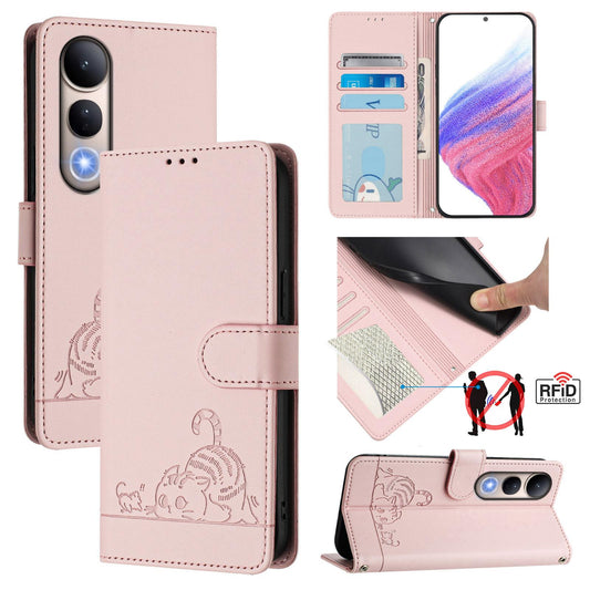 For vivo V50 Lite 5G Cat Rat Embossed Pattern RFID Leather Phone Case with Lanyard(Pink)