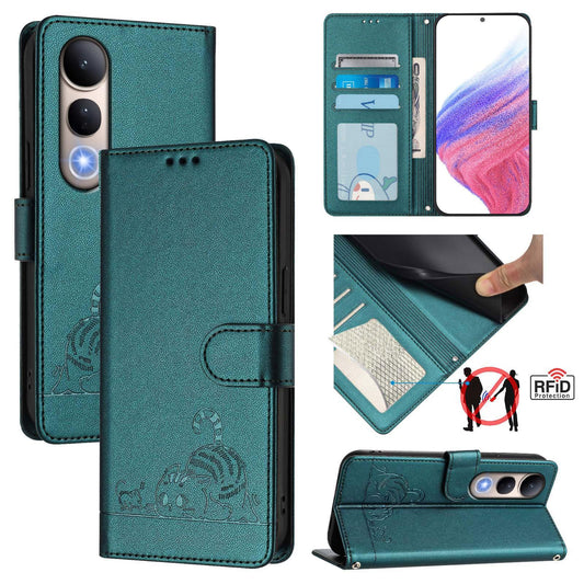 For vivo V50 Lite 5G Cat Rat Embossed Pattern RFID Leather Phone Case with Lanyard(Peacock Green)