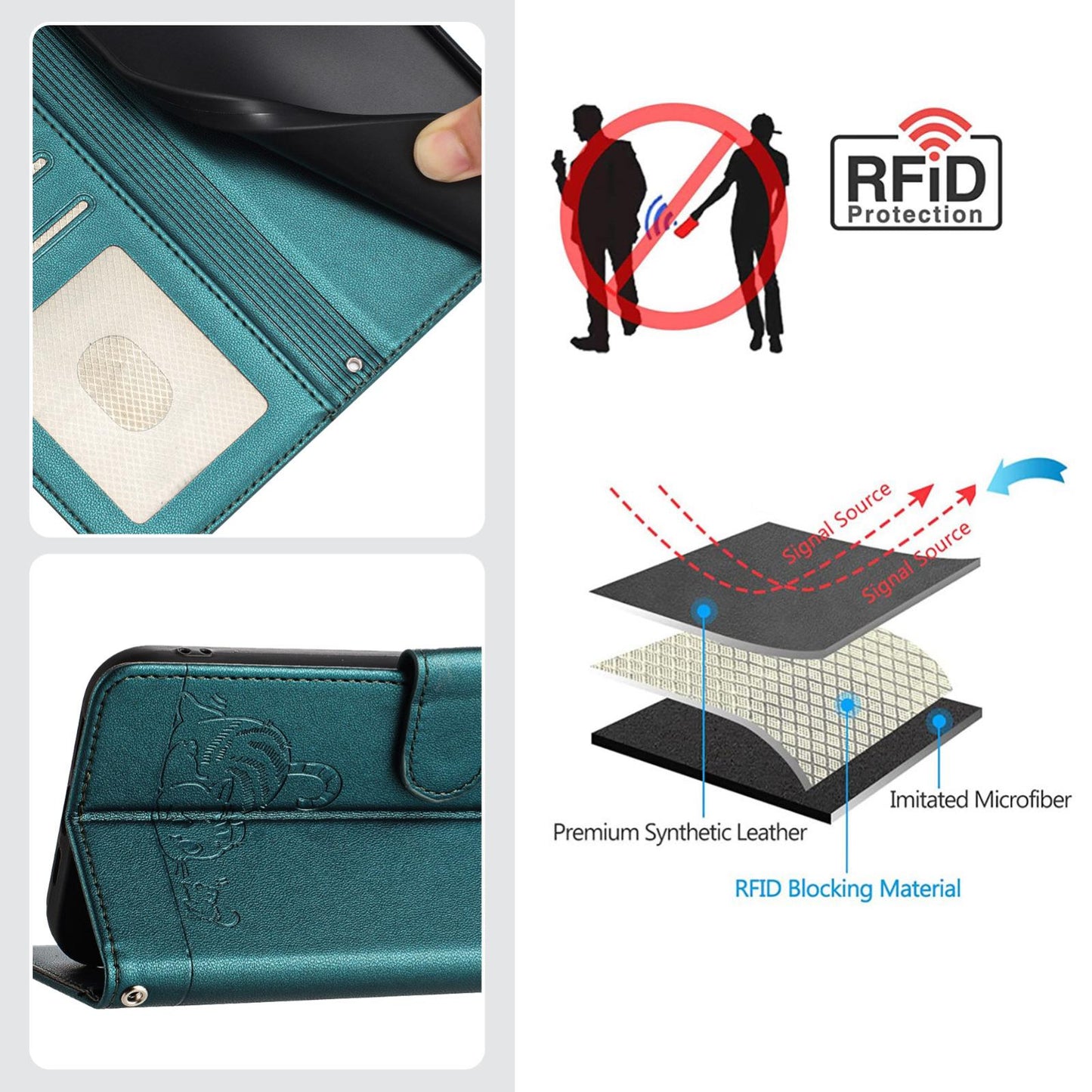 For vivo V50 Lite 5G Cat Rat Embossed Pattern RFID Leather Phone Case with Lanyard(Peacock Green)