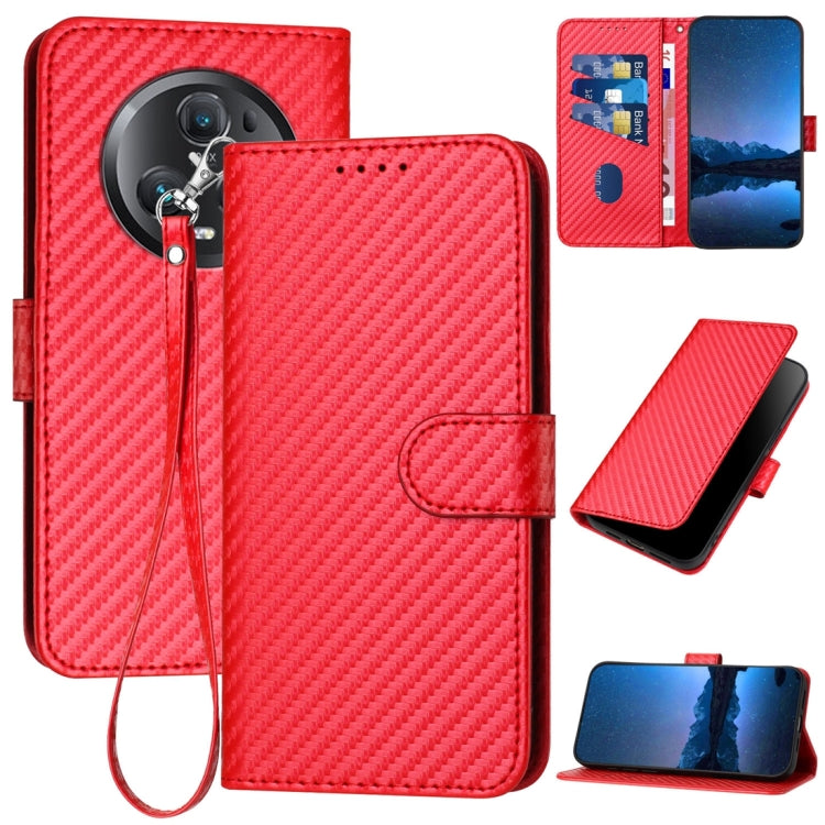 For Honor Magic5 Pro YX0070 Carbon Fiber Buckle Leather Phone Case with Lanyard(Red)