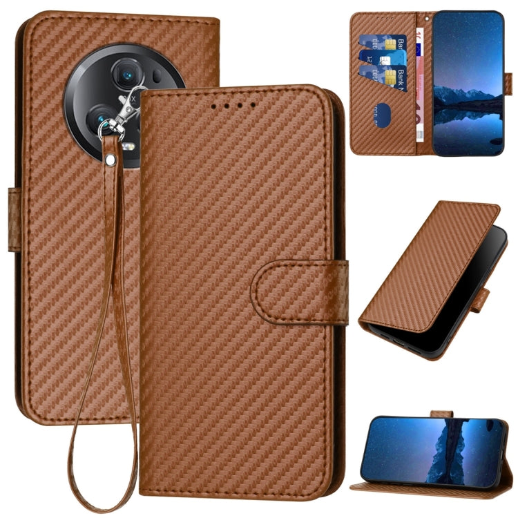 For Honor Magic5 Pro YX0070 Carbon Fiber Buckle Leather Phone Case with Lanyard(Coffee)