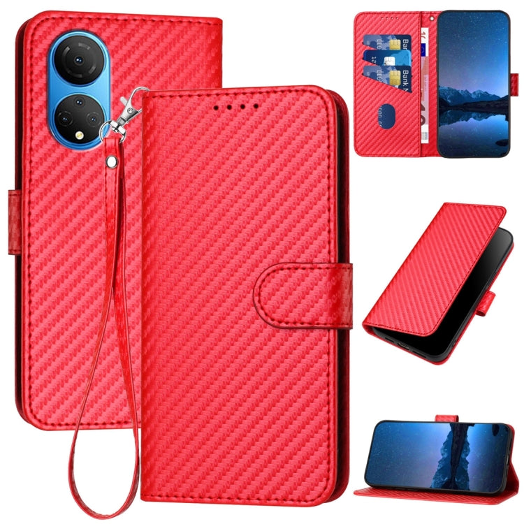 For Honor X7 4G / Play 30 Plus YX0070 Carbon Fiber Buckle Leather Phone Case with Lanyard(Red)