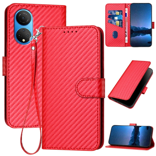 For Honor X7 4G / Play 30 Plus YX0070 Carbon Fiber Buckle Leather Phone Case with Lanyard(Red)