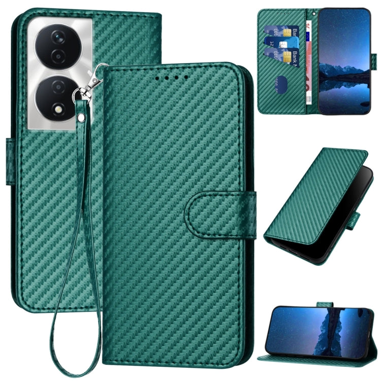 For Honor X7b 5G YX0070 Carbon Fiber Buckle Leather Phone Case with Lanyard(Dark Green)