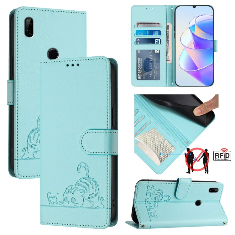 For Honor 9X 4G Global Cat Rat Embossed Pattern RFID Leather Phone Case with Lanyard(Mint Green)