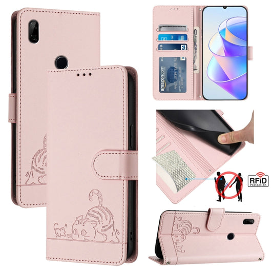 For Honor 9X 4G Global Cat Rat Embossed Pattern RFID Leather Phone Case with Lanyard(Pink)