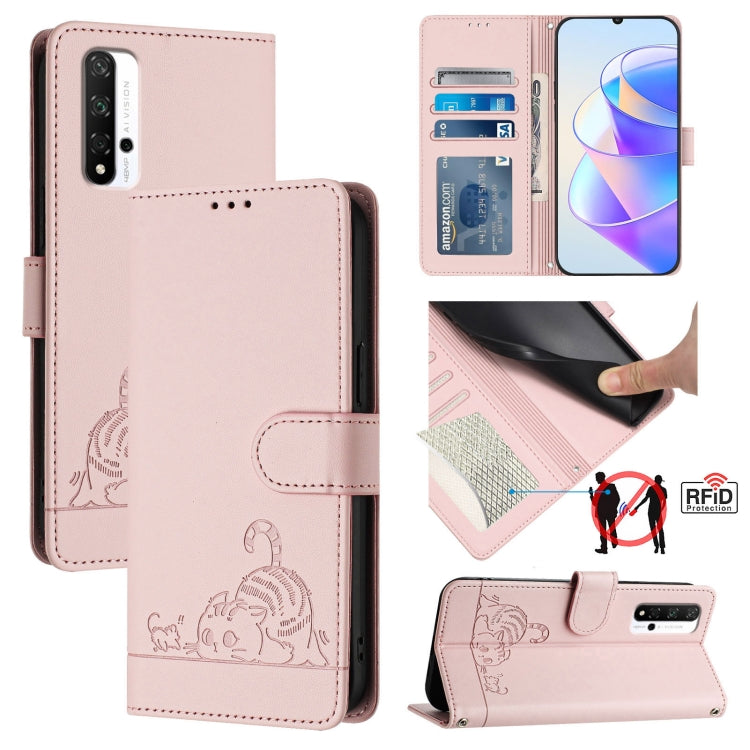For Honor 20 4G/20 Pro 4G/20S 4G Cat Rat Embossed Pattern RFID Leather Phone Case with Lanyard(Pink)