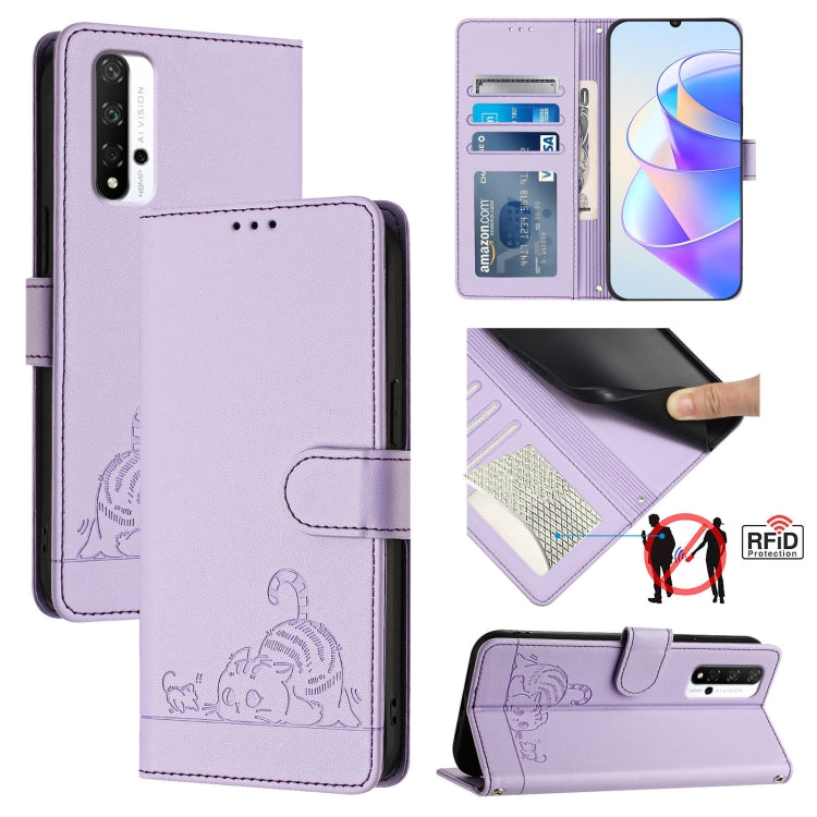 For Honor 20 4G/20 Pro 4G/20S 4G Cat Rat Embossed Pattern RFID Leather Phone Case with Lanyard(Purple)