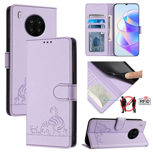 For Honor 50 Lite Cat Rat Embossed Pattern RFID Leather Phone Case with Lanyard(Purple)