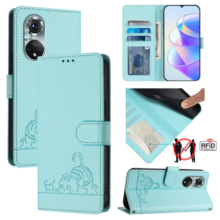 For Honor 50 Pro Cat Rat Embossed Pattern RFID Leather Phone Case with Lanyard(Mint Green)