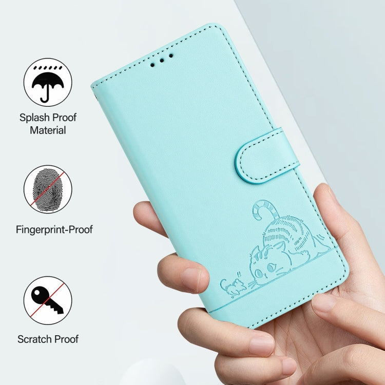 For Honor 50 Pro Cat Rat Embossed Pattern RFID Leather Phone Case with Lanyard(Mint Green)