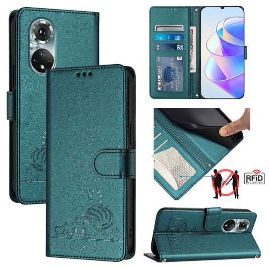 For Honor 50 Pro Cat Rat Embossed Pattern RFID Leather Phone Case with Lanyard(Peacock Green)