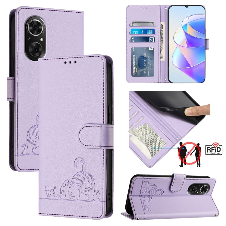 For Honor 50 SE Cat Rat Embossed Pattern RFID Leather Phone Case with Lanyard(Purple)