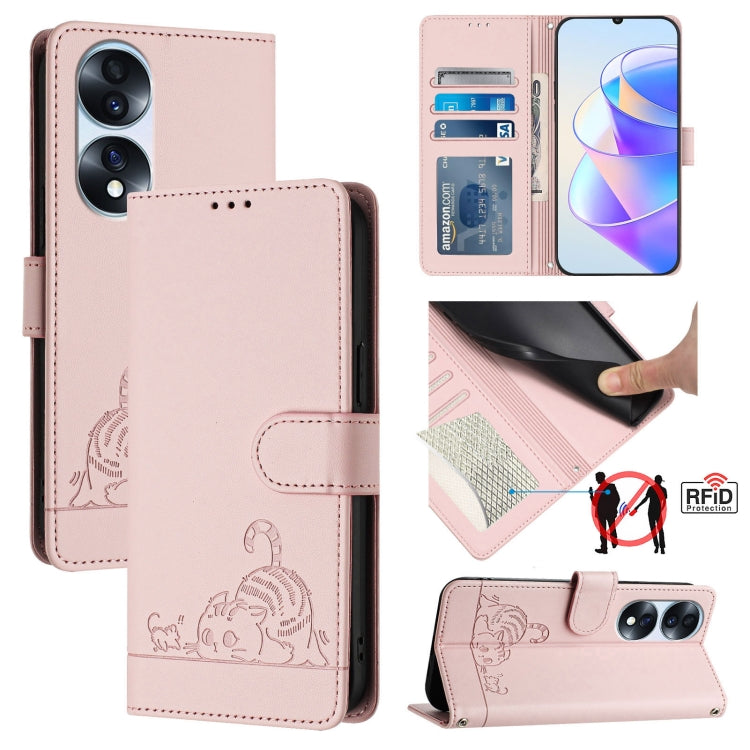 For Honor 70 Pro 5G Cat Rat Embossed Pattern RFID Leather Phone Case with Lanyard(Pink)