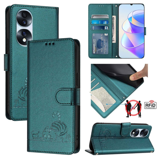 For Honor 70 Pro 5G Cat Rat Embossed Pattern RFID Leather Phone Case with Lanyard(Peacock Green)