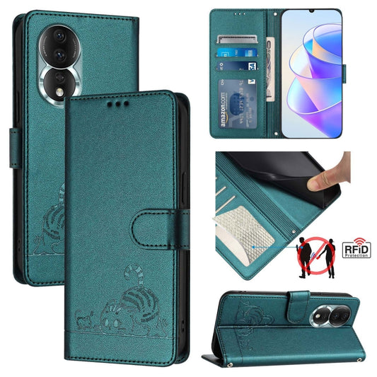 For Honor 80 5G Cat Rat Embossed Pattern RFID Leather Phone Case with Lanyard(Peacock Green)