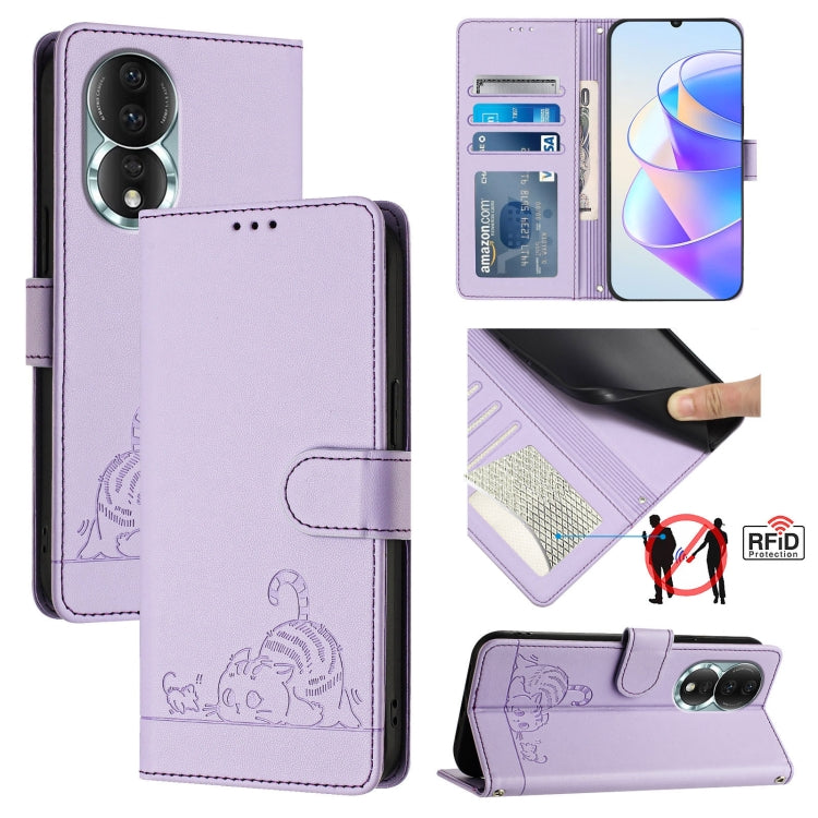 For Honor 80 5G Cat Rat Embossed Pattern RFID Leather Phone Case with Lanyard(Purple)