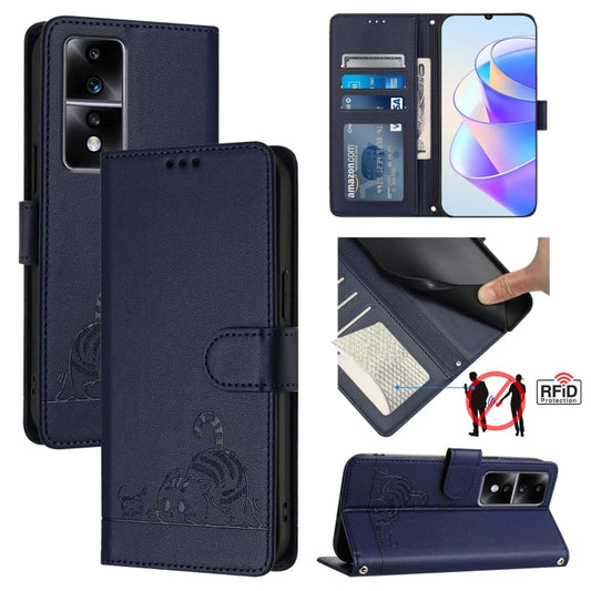 For Honor 80 GT 5G Cat Rat Embossed Pattern RFID Leather Phone Case with Lanyard(Blue)