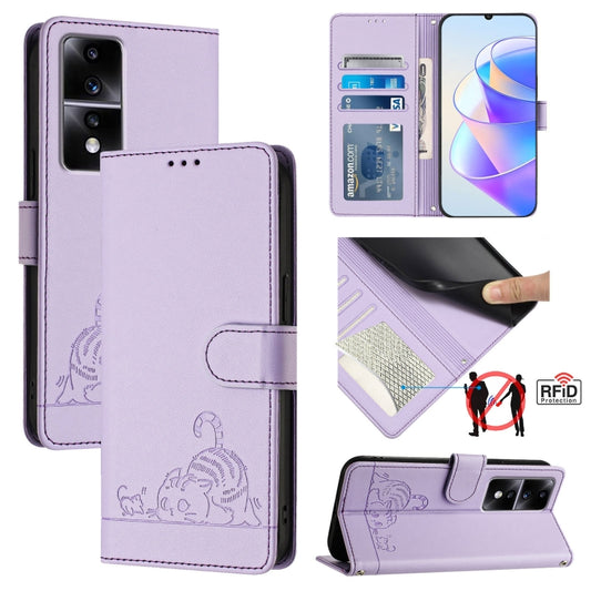 For Honor 80 GT 5G Cat Rat Embossed Pattern RFID Leather Phone Case with Lanyard(Purple)