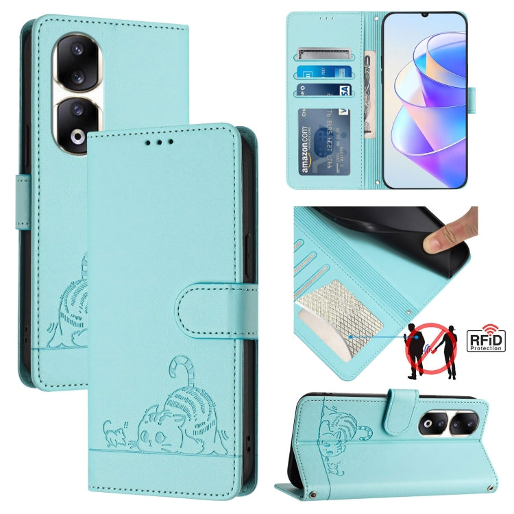 For Honor 90 Pro 5G Cat Rat Embossed Pattern RFID Leather Phone Case with Lanyard(Mint Green)