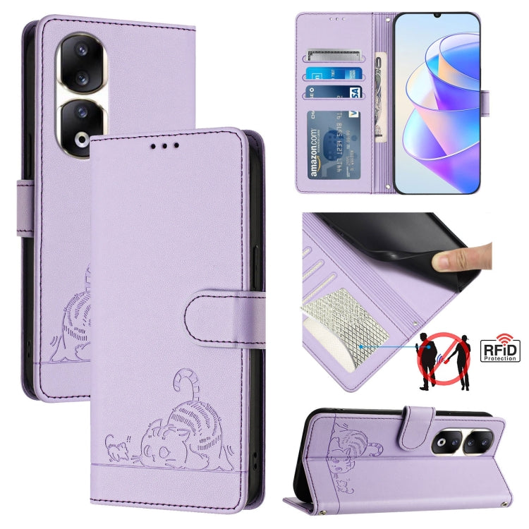 For Honor 90 Pro 5G Cat Rat Embossed Pattern RFID Leather Phone Case with Lanyard(Purple)