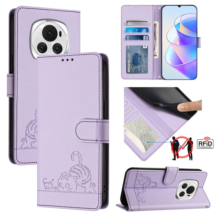 For Honor Magic6 5G Global Cat Rat Embossed Pattern RFID Leather Phone Case with Lanyard(Purple)
