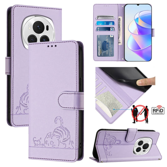 For Honor Magic6 Pro 5G Global Cat Rat Embossed Pattern RFID Leather Phone Case with Lanyard(Purple)