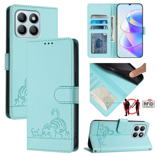 For Honor X6a 4G Cat Rat Embossed Pattern RFID Leather Phone Case with Lanyard(Mint Green)