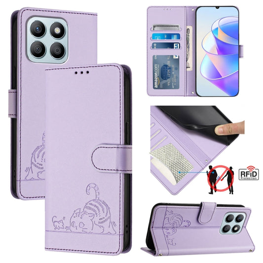 For Honor X6a 4G Cat Rat Embossed Pattern RFID Leather Phone Case with Lanyard(Purple)