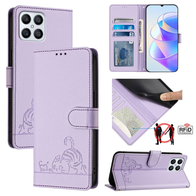 For Honor Play6T Pro 5G Cat Rat Embossed Pattern RFID Leather Phone Case with Lanyard(Purple)