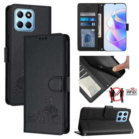 For Honor X8a 5G Global Cat Rat Embossed Pattern RFID Leather Phone Case with Lanyard(Black)