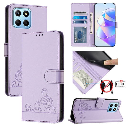For Honor X8a 5G Global Cat Rat Embossed Pattern RFID Leather Phone Case with Lanyard(Purple)