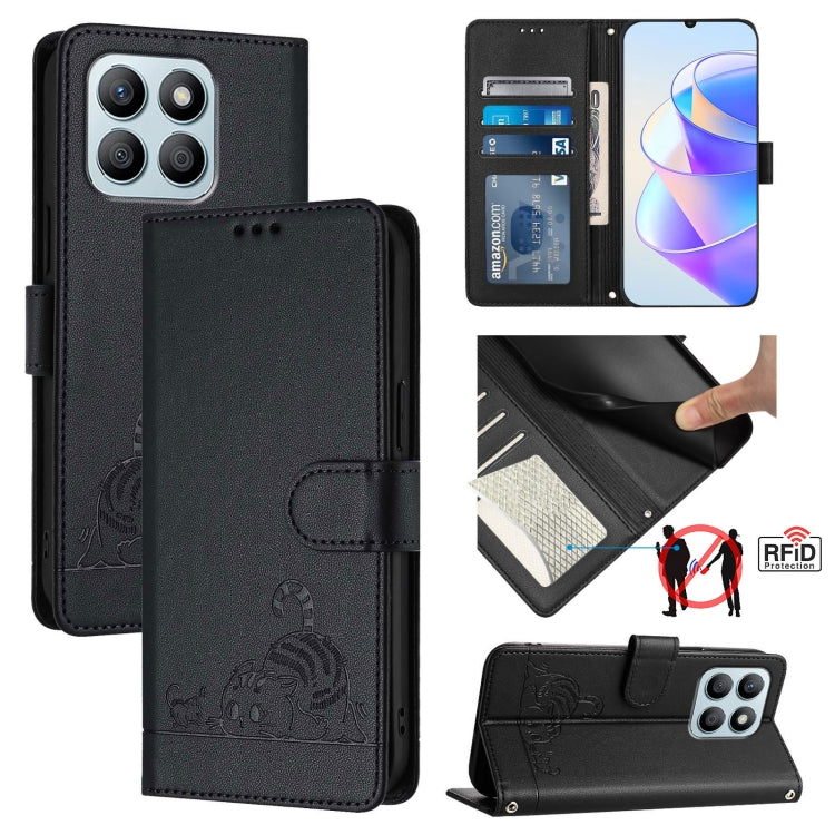 For Honor X8b 4G Global Cat Rat Embossed Pattern RFID Leather Phone Case with Lanyard(Black)