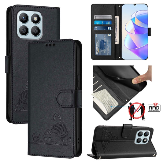 For Honor X8b 4G Global Cat Rat Embossed Pattern RFID Leather Phone Case with Lanyard(Black)