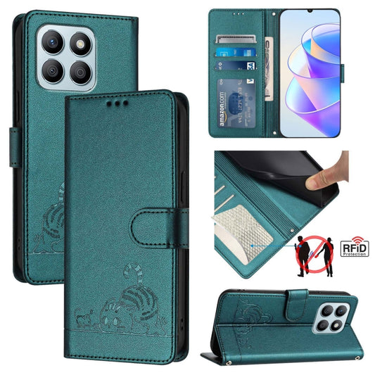 For Honor X8b 4G Global Cat Rat Embossed Pattern RFID Leather Phone Case with Lanyard(Peacock Green)