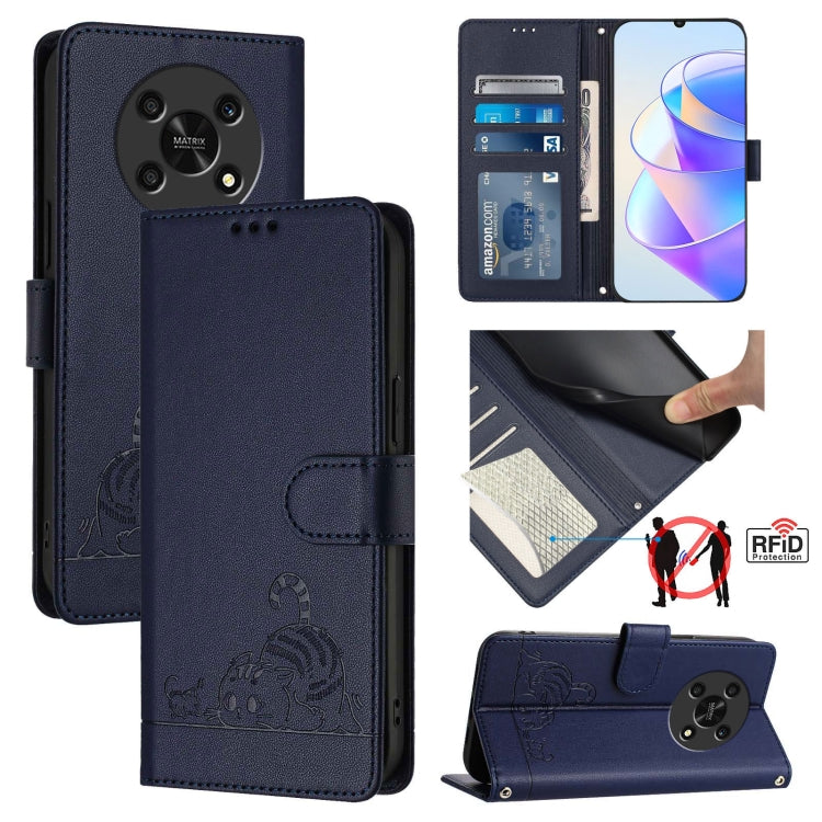 For Honor X30 5G/X9 5G/X9 4G Cat Rat Embossed Pattern RFID Leather Phone Case with Lanyard(Blue)