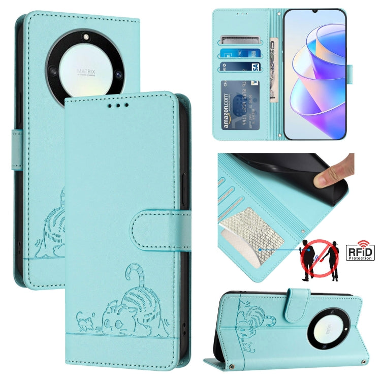 For Honor X40 5G/X9a 5G/Magic5 Lite Cat Rat Embossed Pattern RFID Leather Phone Case with Lanyard(Mint Green)