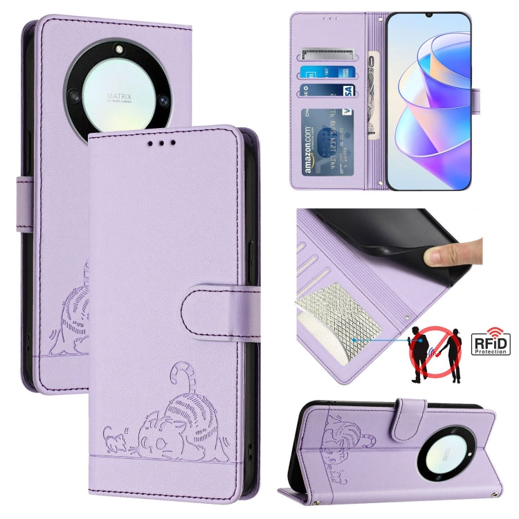 For Honor X40 5G/X9a 5G/Magic5 Lite Cat Rat Embossed Pattern RFID Leather Phone Case with Lanyard(Purple)