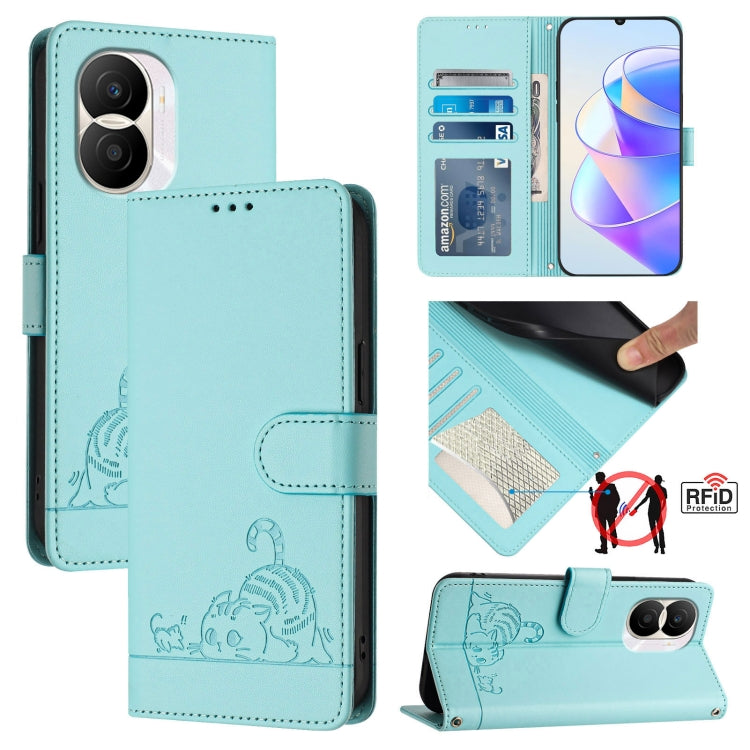 For Honor X40i 5G Cat Rat Embossed Pattern RFID Leather Phone Case with Lanyard(Mint Green)