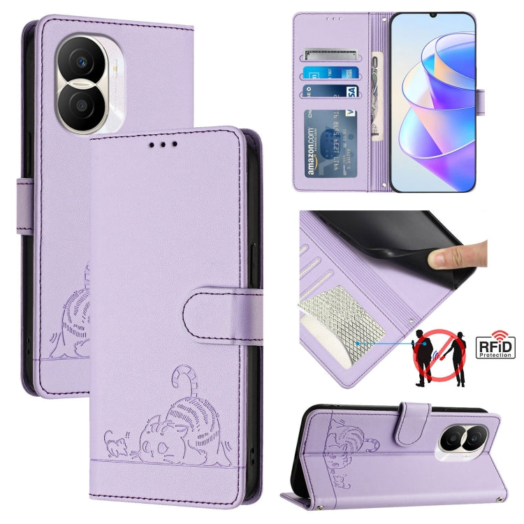 For Honor X40i 5G Cat Rat Embossed Pattern RFID Leather Phone Case with Lanyard(Purple)