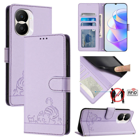 For Honor X40i 5G Cat Rat Embossed Pattern RFID Leather Phone Case with Lanyard(Purple)